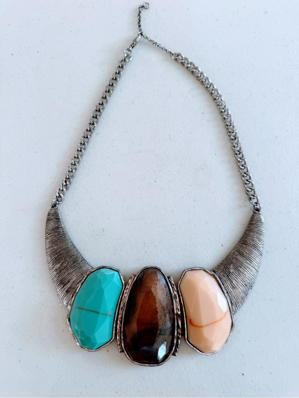 Silver-Tone Three-Stone Necklace with Turquoise, Brown and Peach Stones
